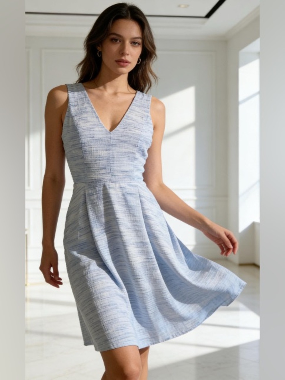 Esley light Blue V-Neck Skater Dress Sleeveless Pleated Fit Flare Small
